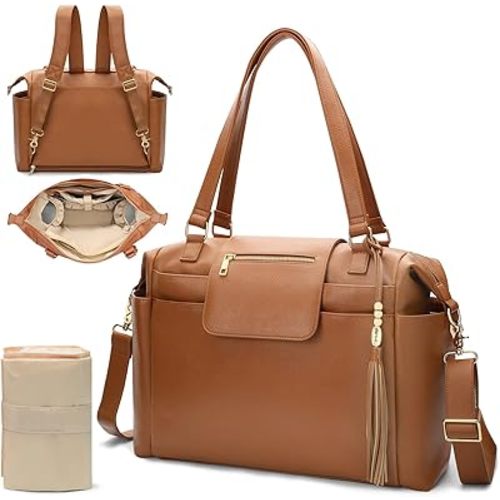 Diaper Bag Tote Leather Diaper Bag Backpack Large Baby Diaper Bag 14 Diaper Bag Organizing Pouches,Changing Pad,Crossbody Strap,4 Insulated Pockets,Brown