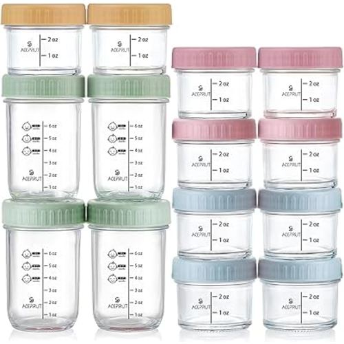 ACEPRUT 14 Pack Glass Baby Food Storage Containers, 4oz&8oz Baby Food Jars with Lids, Baby Food Maker, Baby Feeding Essentials, Leak-Proof, BPA Free, Microwave, Dishwasher & Freezer Safe