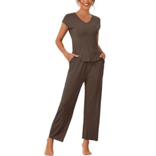 cheibear 2 Pcs Women's Short Sleeve V-Neck Top with Long Pants Modal Casual Loungewear Set Large Brown