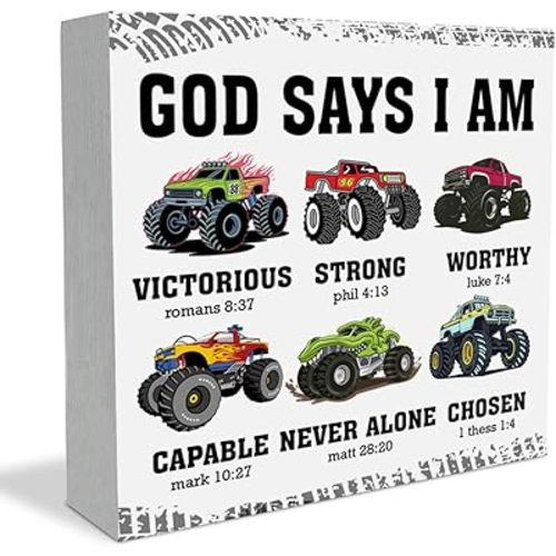 Truck Room Decor for Boys God Says I Am Truck Wooden Box Sign Inspirational Racing Car Decor for Teen Boy Room Playroom Home Bedroom Shelf Desk Table