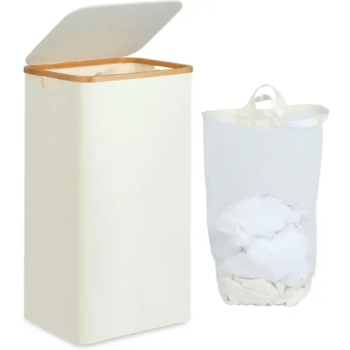 Laundry Hamper with Lid, 100L Tall Laundry Basket with Bamboo Handles for Clothes and Toys, Collapsible Laundry Hamper with Inner Bag for Bedroom and Bathroom, Beige