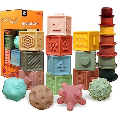 Baby Toys 6-12 Months | Montessori Toys for Babies 6-12 Months | 3 in 1 Silicone Baby Toys, Stocking Stuffers for Baby | Baby Blocks Balls, Stacking Toys, Sensory Toys for Baby