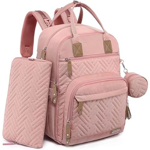 iniuniu Diaper Bag Backpack, 4 in 1 kit Large Unisex Baby Bags for Boys Girls, Waterproof Travel Back Pack with Diaper Pouch, Washable Changing Pad, Pacifier Case and Stroller Straps, Pink