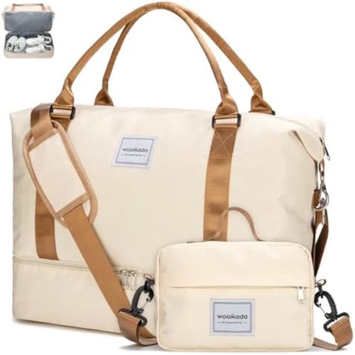 WOOMADA Weekender Bag for Women,Travel Carry On Bag with Shoe Compartment, Hospital Mom Bag for Labor and Delivery, Overnight Travel Duffle Bag with Toiletry Bag(beige&brown)