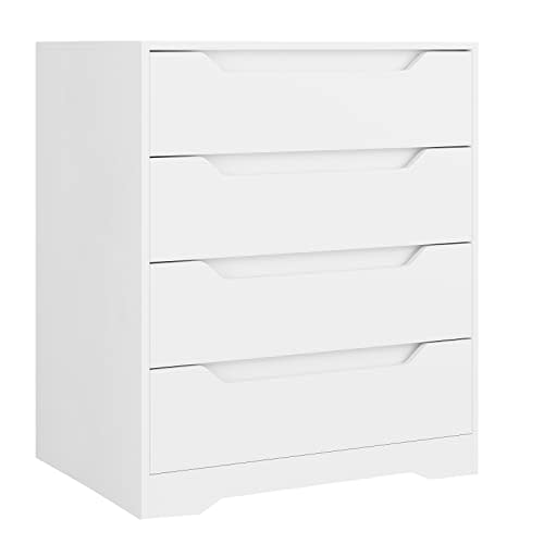 HOSTACK White Dresser, 4 Drawers Dresser, Modern Chest of Drawers with Cut-Out Handles, Small Dressers with Drawer, Wood Makeup Chest Organizer for Living Room, Entryway, Home Office, White