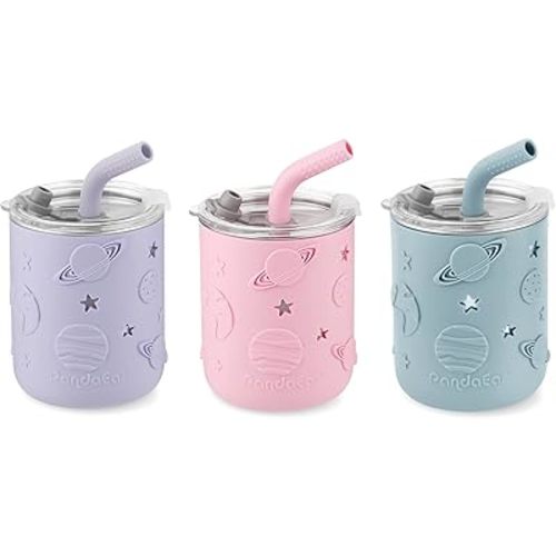 PandaEar 3 Pack Stainless Steel Toddler Cups with Lids & Silicone Sleeves, Stainless Steel Toddler Tumbler with Straw Stopper, 8.8 oz (Pink/Blue/Purple)