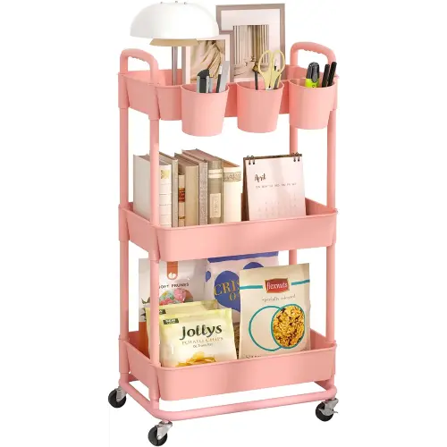 JIUYOTREE 3-Tier Plastic Rolling Storage Cart Utility Cart with Extra Hanging Cups Handles Lockable Wheels for Living Room Bathroom Kitchen Office Pink