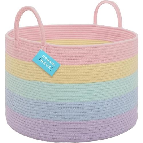 OrganiHaus Cute Basket for Pastel Rainbow Classroom Decor 20x13, Toy Basket Storage for Kids Room, Toy Bins for Kids Organizer, Large Blanket Basket Living Room, Rainbow Storage Bins, Nursery Hamper