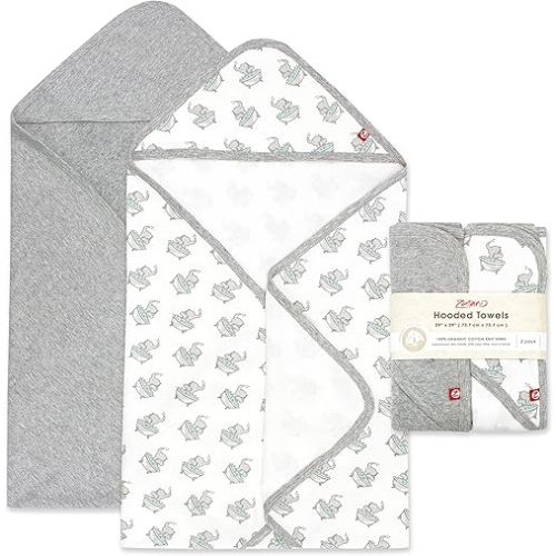 Zutano Hooded Baby Towels, Organic Cotton Baby Bath Towel, Ultra Soft and Absorbent Baby Towel for Newborn and Infant | Girl, Boy, and Unisex Towel Set, Elephant Bath Time, 2-Pack