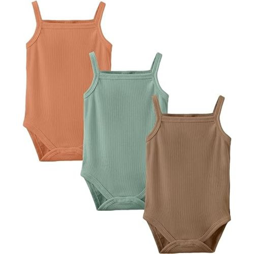 OPAWO Onsies for Baby Girls' Bodysuits 3 Pack Neutral Baby Clothes Spaghetti Strap & Long Sleeve Fall Baby Undershirt 0-2T - Orange/Coffee/Green - 3-6 Months