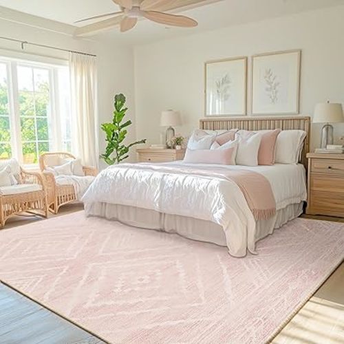 Area Rug 8x10 Rug Machine Washable Non-Slip Low Pile Print Pattern Western Rug for Living Room Bedroom Entryway-Light Pink/Cream