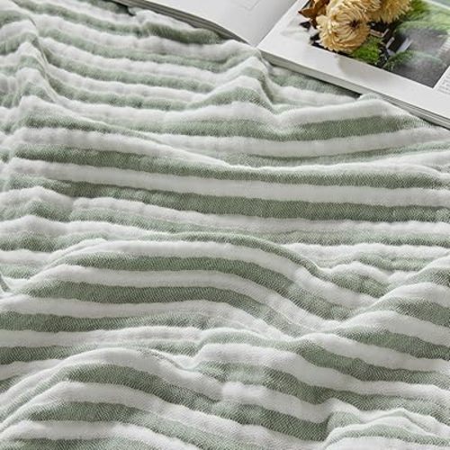 EMME Cotton Muslin Large Throw Blanket Couch 4-Layer Breathable Gauze Soft Lightweight Bed Blankets Adults (Striped Sage Green, 50"x71")