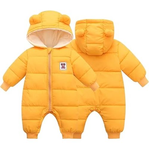 BYFRI Baby Boys Girls Snowsuit Newborn Cozy Winter Coat Infant Bear Hooded Jumpsuit Toddler Snow Outfit for 0-24 Months