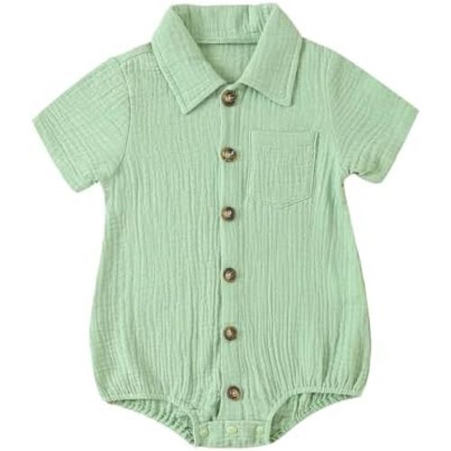 Baby Girl Boy Button Down Shirt Newborn Solid Color Short Sleeve Collared Romper Infant Summer Formal Bodysuit