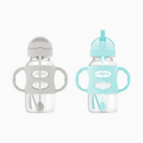 Dr. Brown's Wide-Neck Sippy Straw Bottle with Silicone Handles (2 Pack) - Gray & Green, 9 Oz, 2