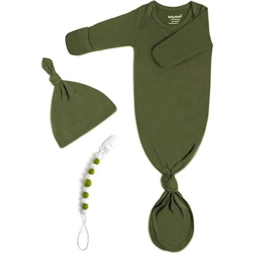 Knotted Gown Baby Newborn Hospital Outfit, Modal Infant Sleeper Gowns with Pacifier Clip and Hat Set, Nightgowns 0-3 Months