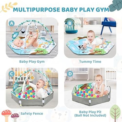 Baby Gym Play Mat, 8-in-1 Tummy Time Mat & Ball Pit with 6 Toys, Washable Baby Activity Play Mat for Visual, Hearing, Sensory, Motor Development, Baby Toys Gift for Toddler Infant 0-3-6-9-12 Months