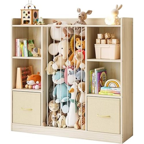 Toy Storage Organizer with Stuffed Animal Storage, Wooden Toy Organizer & Stuffed Animal Zoo, 6 Cubes Shelf with Removable Drawers, 4 -in-1 Book Shelf for Kids Room, Playroom, Nursery