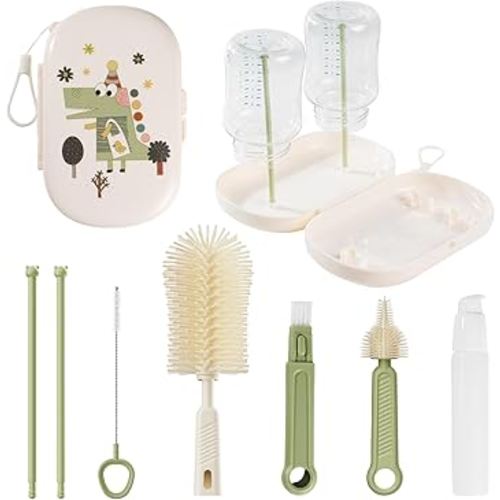 7-in-1 Baby Bottle Brush Set, Silicone Bottle Cleaner Kit with Nipple & Straw Brush, Soap Dispenser, Drying Rack & Travel Storage Case, Baby Bottle Cleaning Essentials (Green_Crocodile)