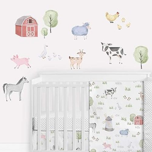 Sweet Jojo Designs Farm Animals Large Peel and Stick Wall Decal Stickers Art Nursery Decor Mural - Set of 4 Sheets - Watercolor Farmhouse Barn Horse Cow Sheep Pig Chicken Sheep Goat Barnyard