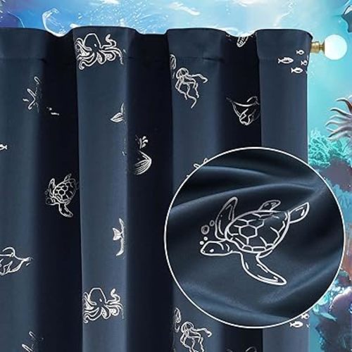 Vangao Kids Blackout Curtain Ocean Turtle Navy Blue Curtains 84 Inches Long for Boys Nursery Bedroom Silver Foil Animal Print Sea Whale Back Tab Thermal Insulated Drapes Window Treatment, 2 Panels