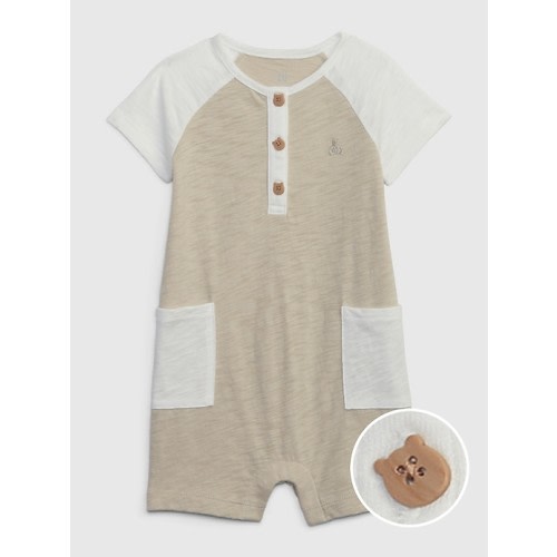 Baby 100% Organic Cotton Henley Shorty One-Piece in bedrock beige, size: 6-12 M
