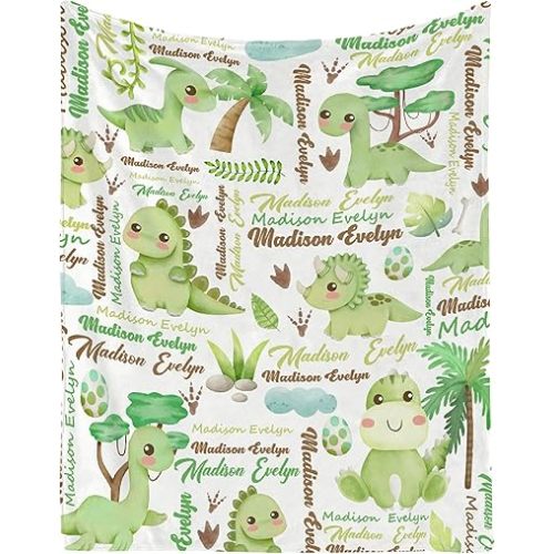 Personalized Baby Name Blanket Dinosaurs Gift for Baby Boys Girls Soft Flannel Newborns Throw Comfy Cozy Fleece Custom Kids Blanket Gifts for Toddler Nursery Birthday Christmas-30 x40