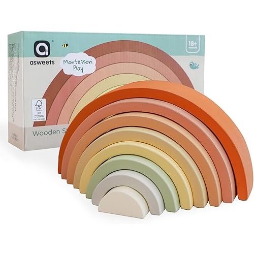 Asweets Wooden Stackable Rainbow Toy, 8 PCS Wooden Building Blocks Set for 1 2 3 Baby, Kids and Toddlers, Montessori Rainbow Nesting Puzzle, Best for 18M+, Cognitive Development (Pink)