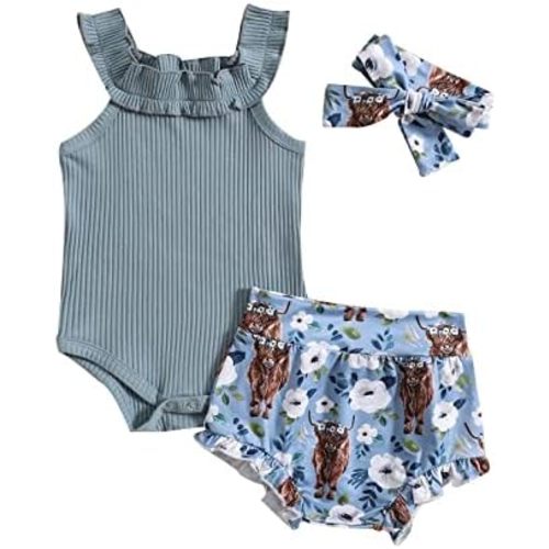 Newborn Baby Girl Summer Outfits Ribbed Sleeveless Romper Bodysuit Top and Ruffle Shorts Headband Clothes Sets