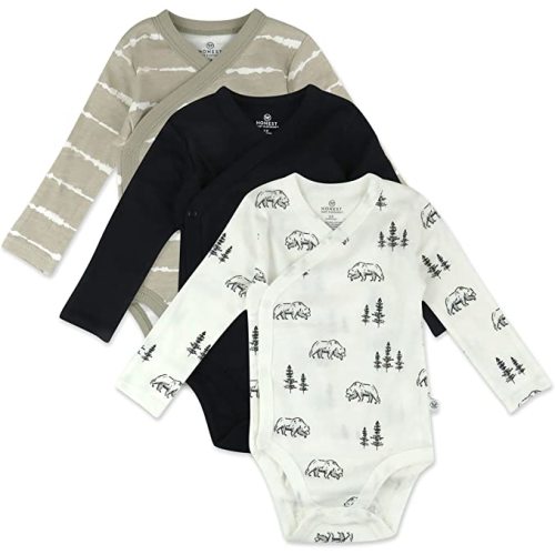 HonestBaby Baby 3-Pack Organic Cotton Long Sleeve Side-snap Kimono Bodysuits - 3-6 Months - Bear White