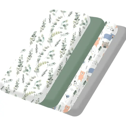 bimocosy Mini Crib Sheets,Pack and Play Sheets for Baby Boy Girl 4 Pack,Size 38"x 26" for Playard Mattress,Portable Mini Crib,Soft Pack N Play Sheets Fitted,Leaf/Bear/Gray/Green