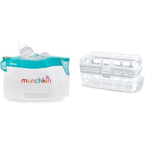 Munchkin Microwave Steam Sterilizer Bags, Dishwasher Basket for Bottles, Pacifiers, and Accessories Bundle, 6 Pack