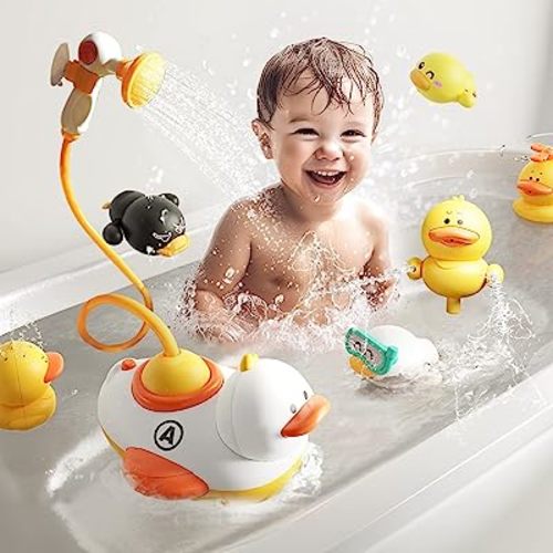 iPlay, iLearn Duck Bath Toy for Toddlers 1-3, Baby Electric Bathtub Water Spray Toy, Infant Fun Bathtime W/4 Shower Head Wind up Swimming Duck, 12 18 Month 1 2 3 4 Year Old Kid Boy Girl
