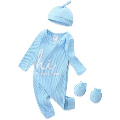 Baby Boy Girl Ribbed Onesies Romper Coming Home Outfits Letter Print Bodysuit Jumpsuit Hat Glove 3PCS Clothes Set