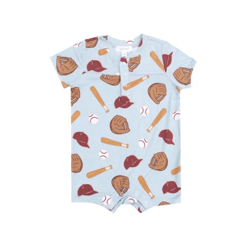 Baseball Print Henley Romper, 3-6M