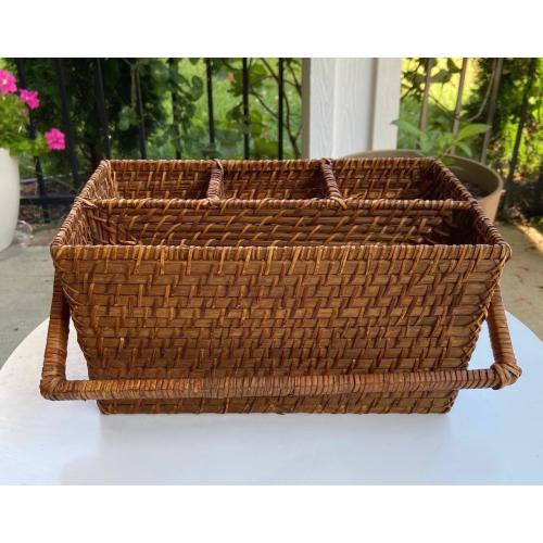 Vintage Woven Rattan Utensil and Napkin Caddy Basket/Desk Organizer 11” Wide