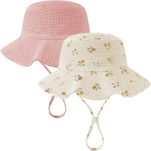 2 Pack Muslin Baby Sun Hat UPF 50+ Sun Protection Baby Bucket Hat with Wide Brim Beach Hats for Boys Girls
