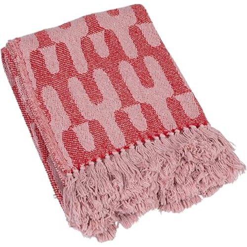 Creative Co-Op Woven Cotton Throw Blanket with Patterns and Fringe, Red and Pink