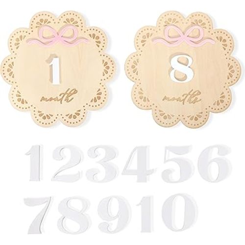 Bow Flower 1 To 12 Months Milestone Cards - Girls First Year Monthly Growth Record Signs,Wooden Flower Shape Monthly Cards,Bow 1st Birthday Milestone Photo Props,Rustic Nursery Decorations