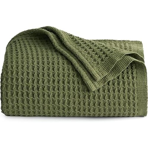 Bedsure 100% Cotton Blanket Twin XL Size for Bed - Waffle Weave Fall Blanket, Lightweight and Breathable Soft Woven Blanket for Summer, Olive Green, 66x90 inches