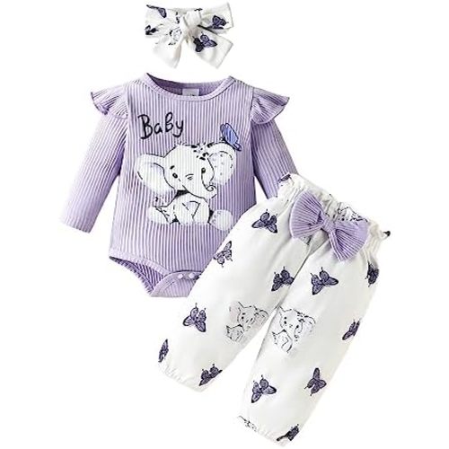 Newborn Baby Girl Clothes Elephant Outfit Ruffle Long Sleeve Ribbed Romper Top Cute Bow Pants Set with Headband