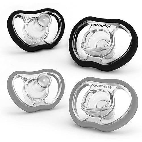 Nanobebe Active Baby Pacifiers 4-36 Months - Orthodontic, Lightweight and Vented, Curves Comfortably with Face Contour, 100% Silicone - BPA Free, Perfect Baby Registry Gift 4pk, Black/Grey