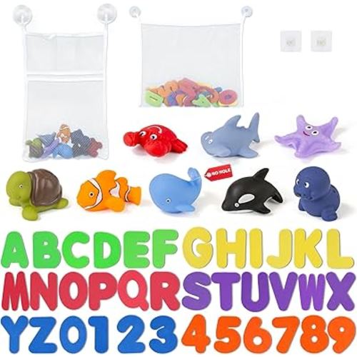 48 Pack Bath Toys Set - 8PCS No Hole Mold Free Ocean Animals, 26 Foam Alphabet Letters & 10 Numbers, 2 Bathtub Toy Storage Bags with Hooks,Perfect Bathroom Toys Gifts for Kids Baby Toddler Ages 4-8