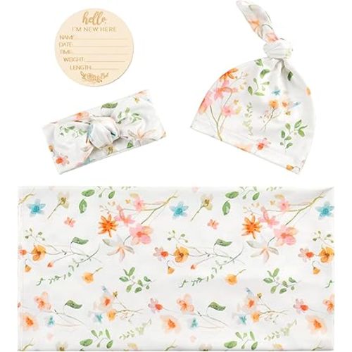 Baby Receiving Blanket Swaddle Blanket Infant Wrap with Matching Headband Beanie and Name Card (Green Leaf Flower)