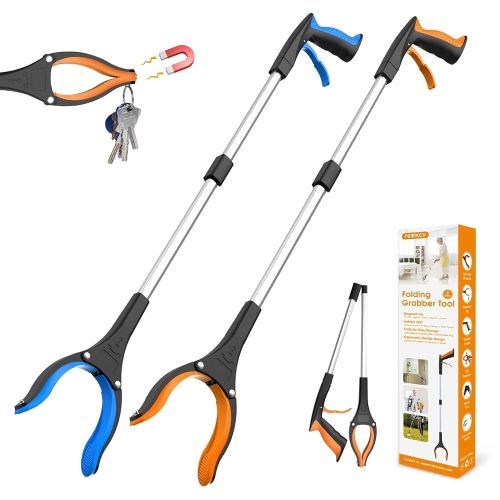Herramienta de agarre de 32 pulgadas, paquete de 2 herramientas de recogida plegables con mandíbula giratoria de 360° e imán, agarrador superior recogedor de basura, agarradores ligeros para