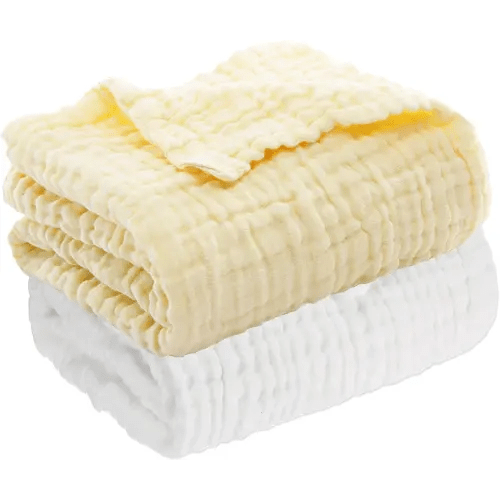 Aablexema Baby Muslin Bath Towels - Set of 2 Large Size 43X43 Inches Swaddle Blanket for Newborn Toddlers Boys Girls (White & Yellow)