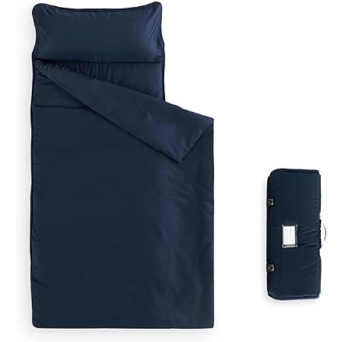Wake In Cloud - Toddler Nap Mat with Pillow and Blanket, for Kids Boys Girls Ages 3 Plus in Kindergarten Daycare Preschool, Roll Up Sleeping Bag, Solid Color, Navy Blue, Standard
