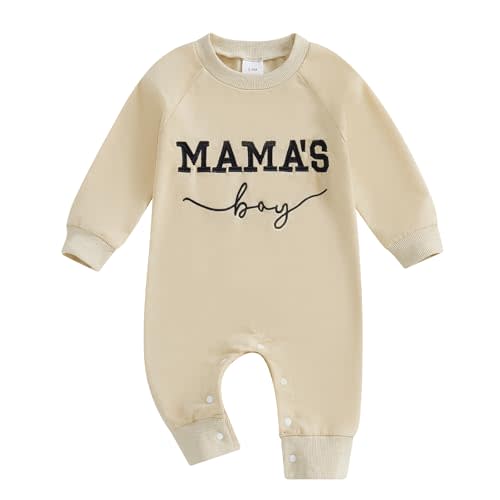 FOCUSNORM Newborn Baby Boy Fall Outfit Mamas Boy Embroidery Jumpsuit Long Sleeve Crewneck Romper Infant Boy Winter Clothes