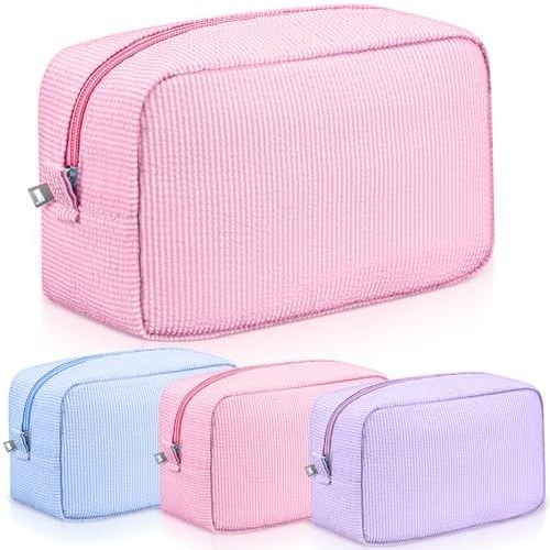 Sanwuta 3 Pcs Seersucker Cosmetic Bag Pinstripe Seersucker Makeup Bag Women Large Travel Toiletry Organizer Stripe Preppy Storage Pouch for Wedding Bridesmaid Graduation Gift(Pink, Light Blue, Purple)