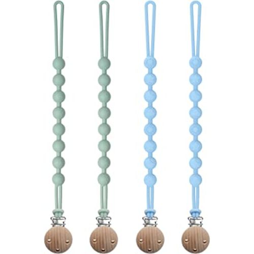 Silicone Pacifier Clip, Seposeve 4 Pack Pacifier Holder Clips, Keeps Pacifier Clean, Soft Flexible Pacifier Leash, Binky Clips for Baby Boys and Girls, Durable - High-Toughness,2 Green + 2 Blue